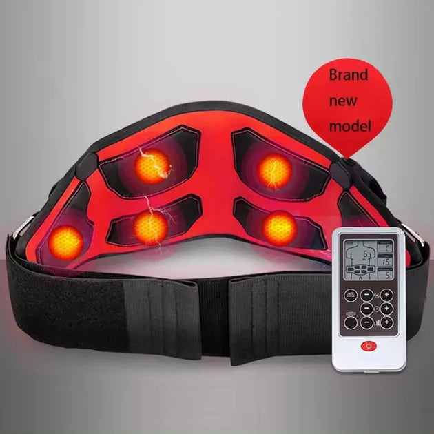 Massage belt with red lights and remote control on a gray background
