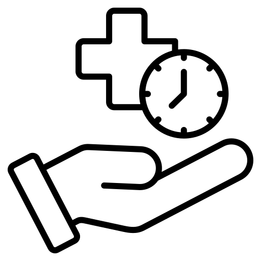 Black and white line art icon depicting a hand holding a clock with a medical cross above it, representing healthcare, medical support, or timely care.
