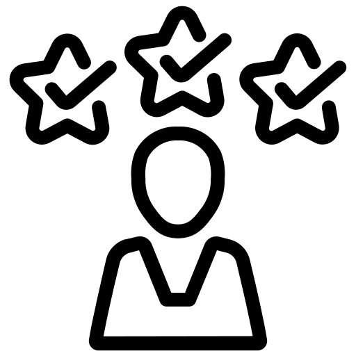 Black line icon of a person with three stars and checkmarks above, on a white background.