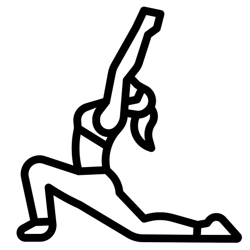 Black line art icon of a person in a yoga pose stretching upwards, set against a solid white background.